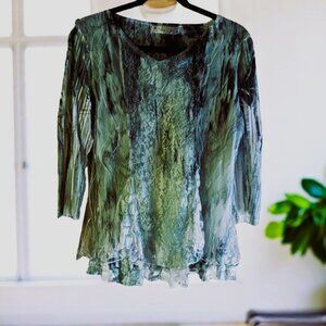NWOT BOHO LAYERED Lace 3/4 sleeve stretch flared SZ S-M mint soft grey dyed look